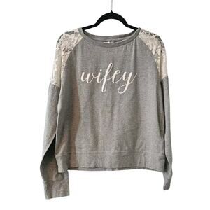 David’s Bridal WIFEY Womens LG Top Grey Long Sleeve Lace Shoulders